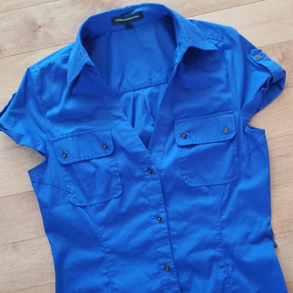 Express Cobalt Blue Button Down Belted Dress - image 6